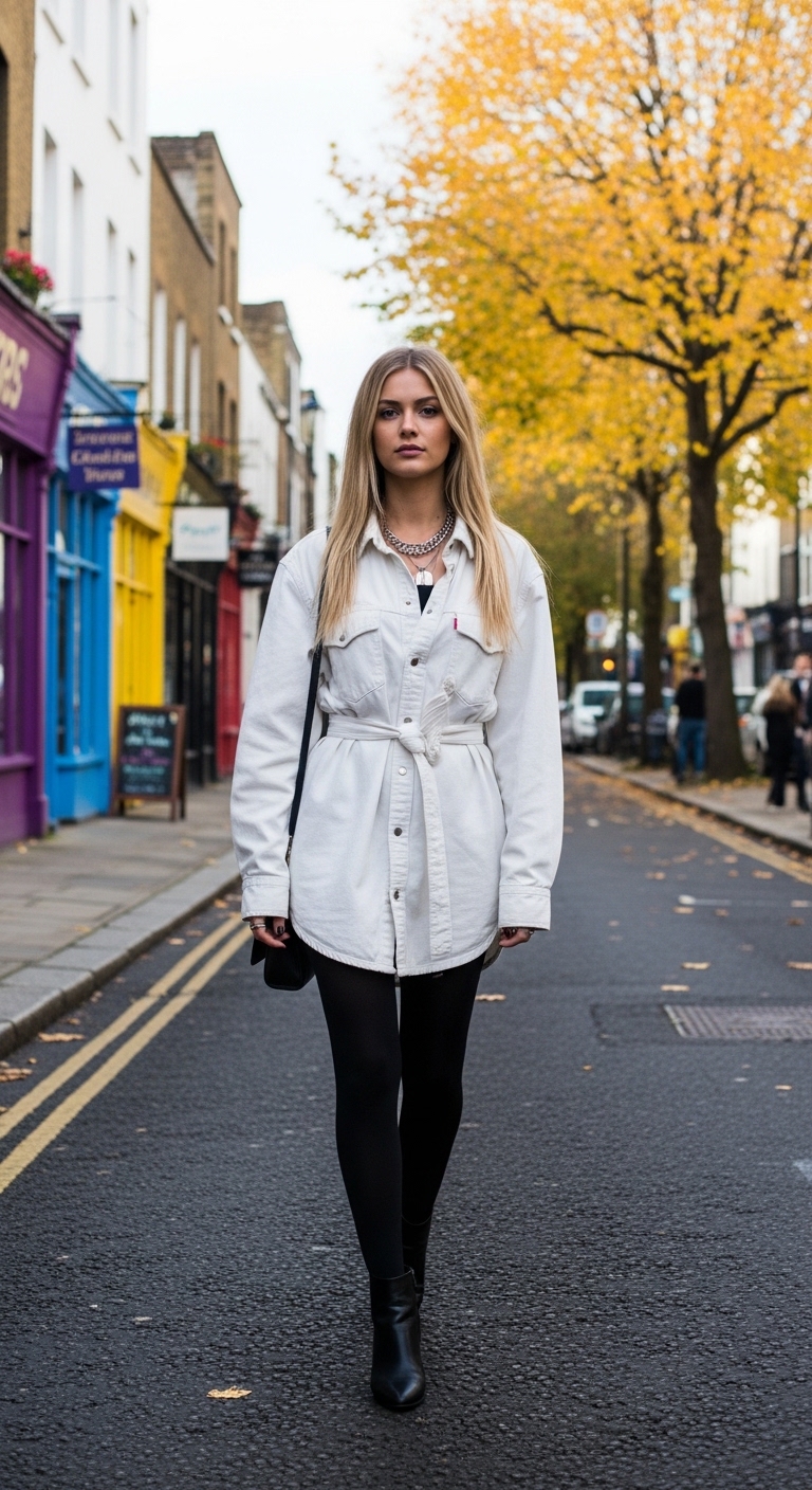 white denim shirt dress over black tights and ankle boots