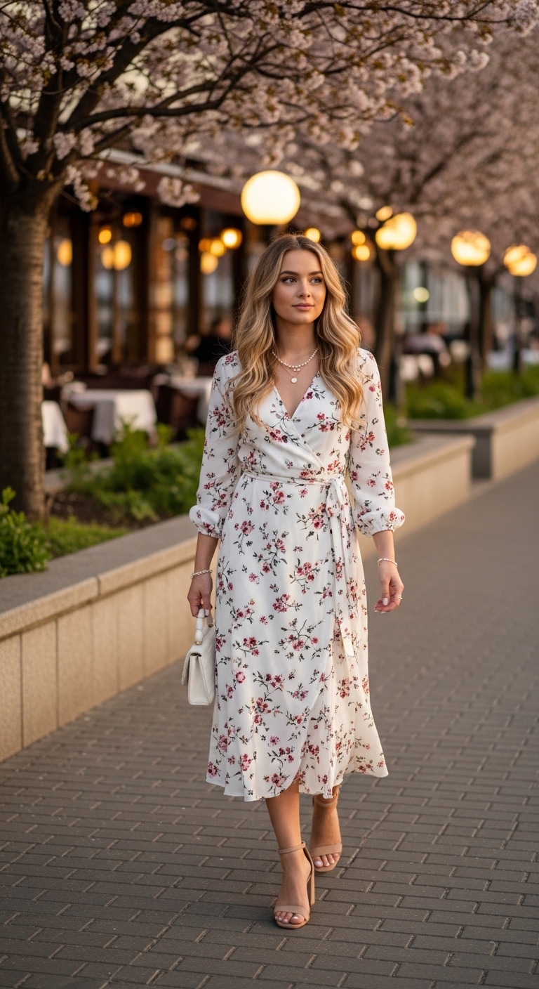 white floral wrap midi dress