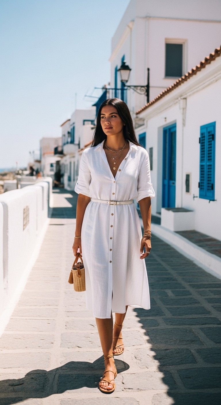 white linen button down dress with tan belt