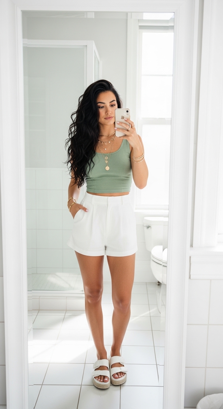 white linen shorts with sage green linen crop top