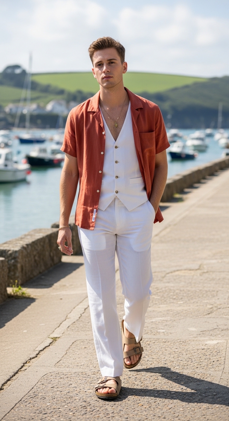 white linen trousers with open terracotta linen shirt over white vest