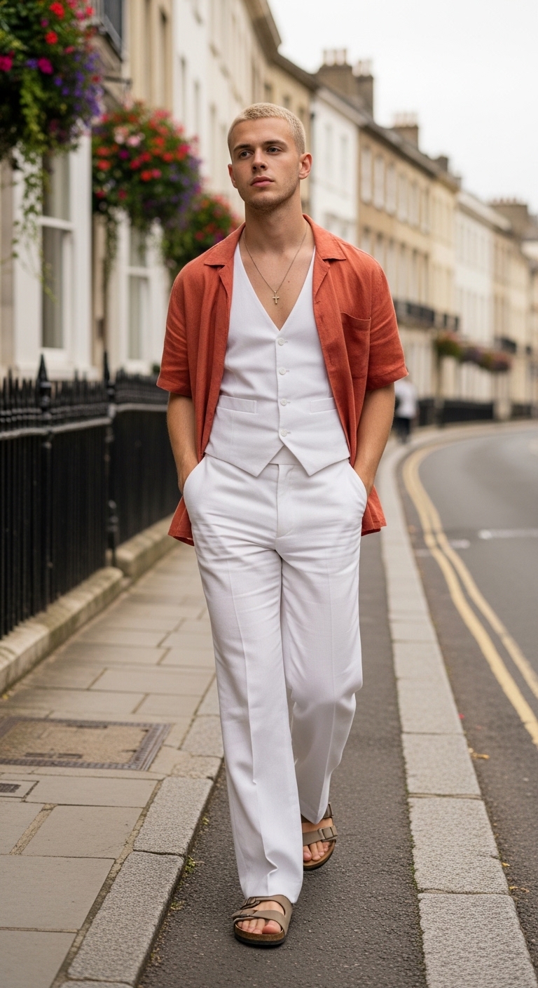 white linen wide leg trousers with open terracotta linen shirt