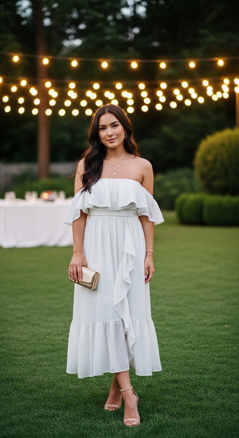 white off shoulder ruffled midi dress