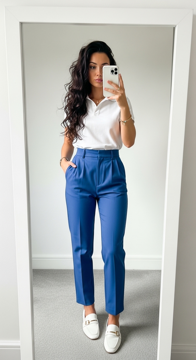 white polo tucked into cobalt blue straight leg trousers