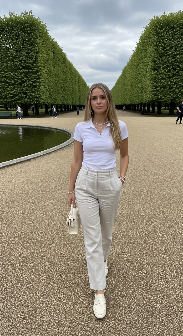 white polo with cream linen trousers in kensington gardens