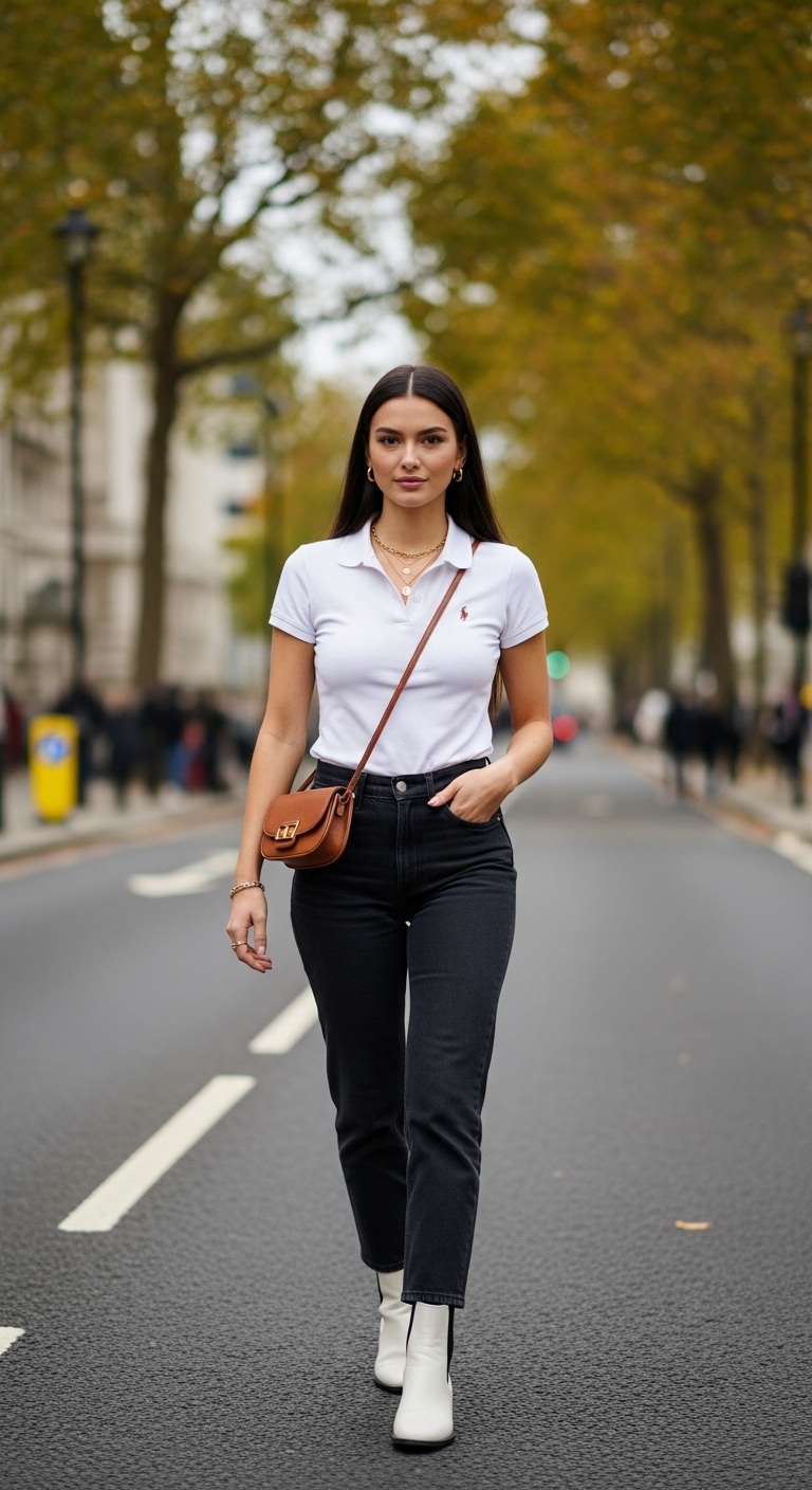 white polo with dark jeans and white chelsea boots