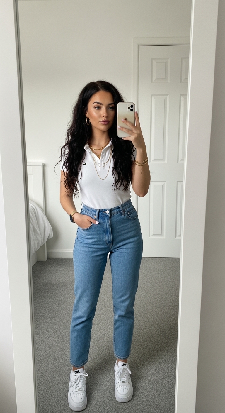 white polo with light blue straight leg jeans