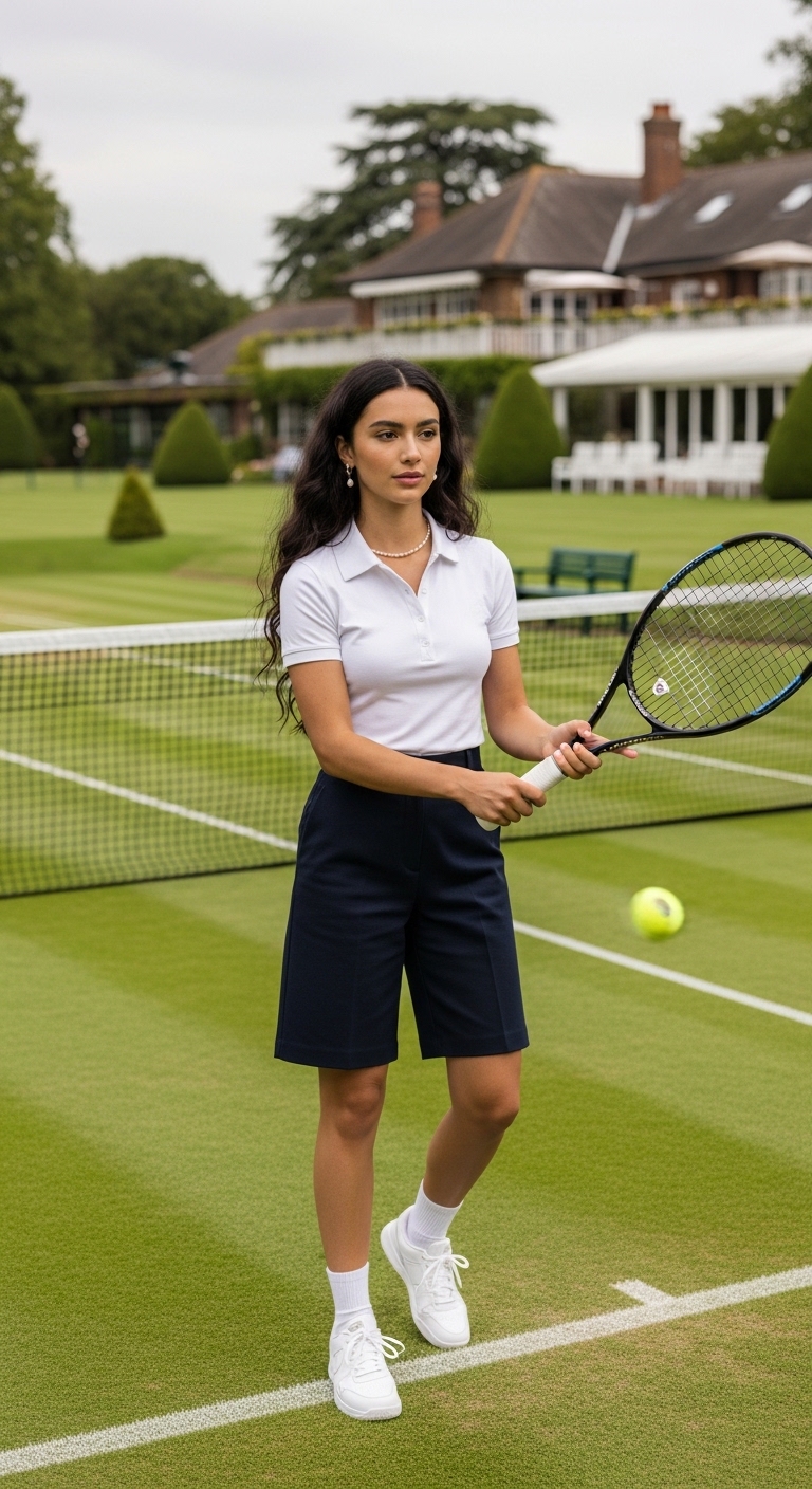 white polo with navy shorts for tennis