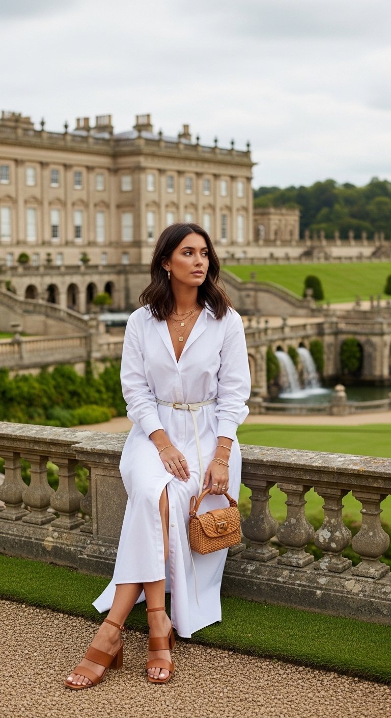 white shirt dress with tan belt at chatsworth house