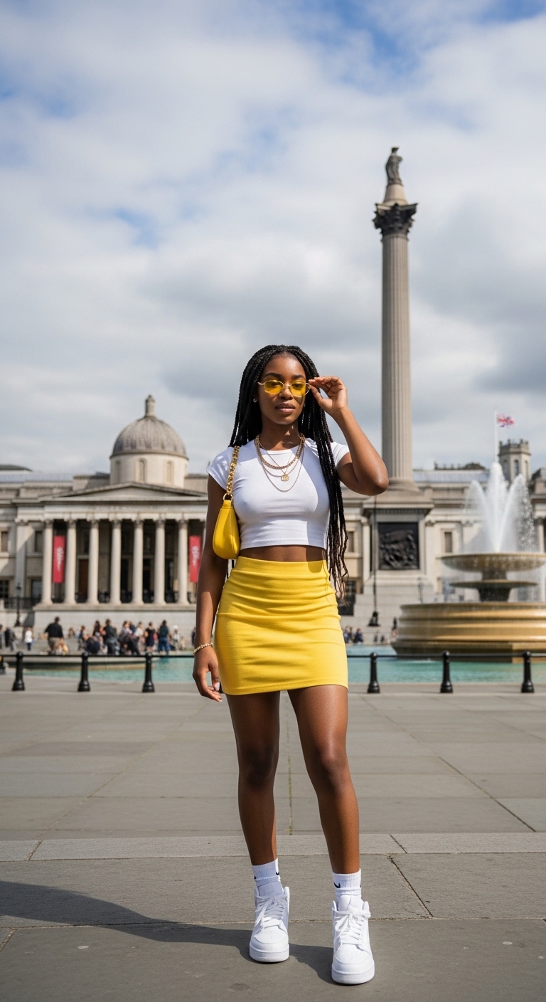 yellow mini skirt with white crop tee and air jordans
