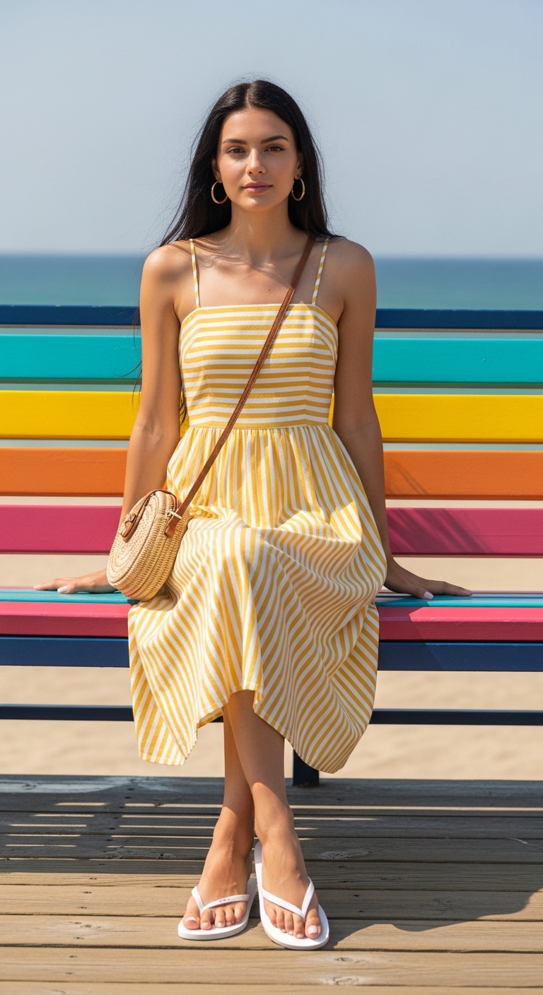yellow striped sundress with straw bag