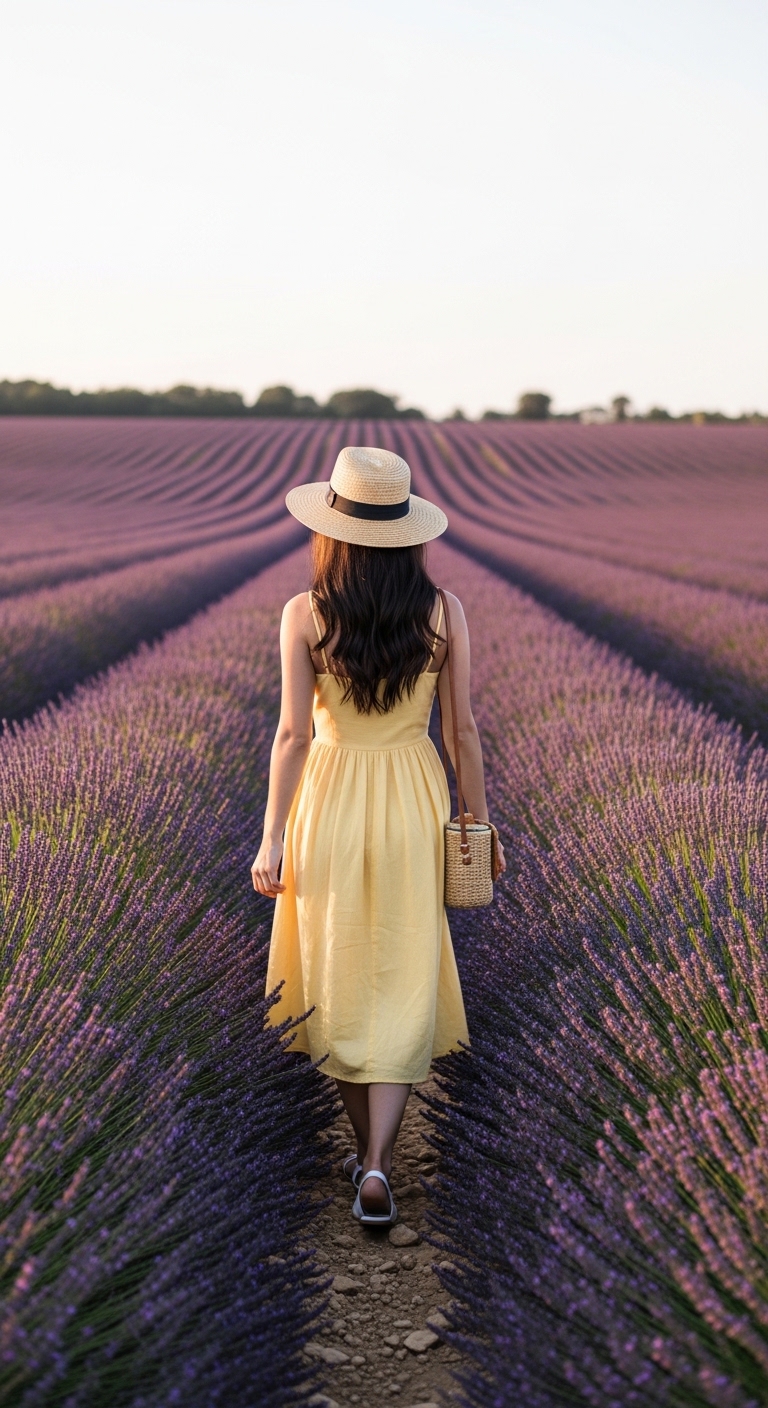 yellow sundress in lavender field