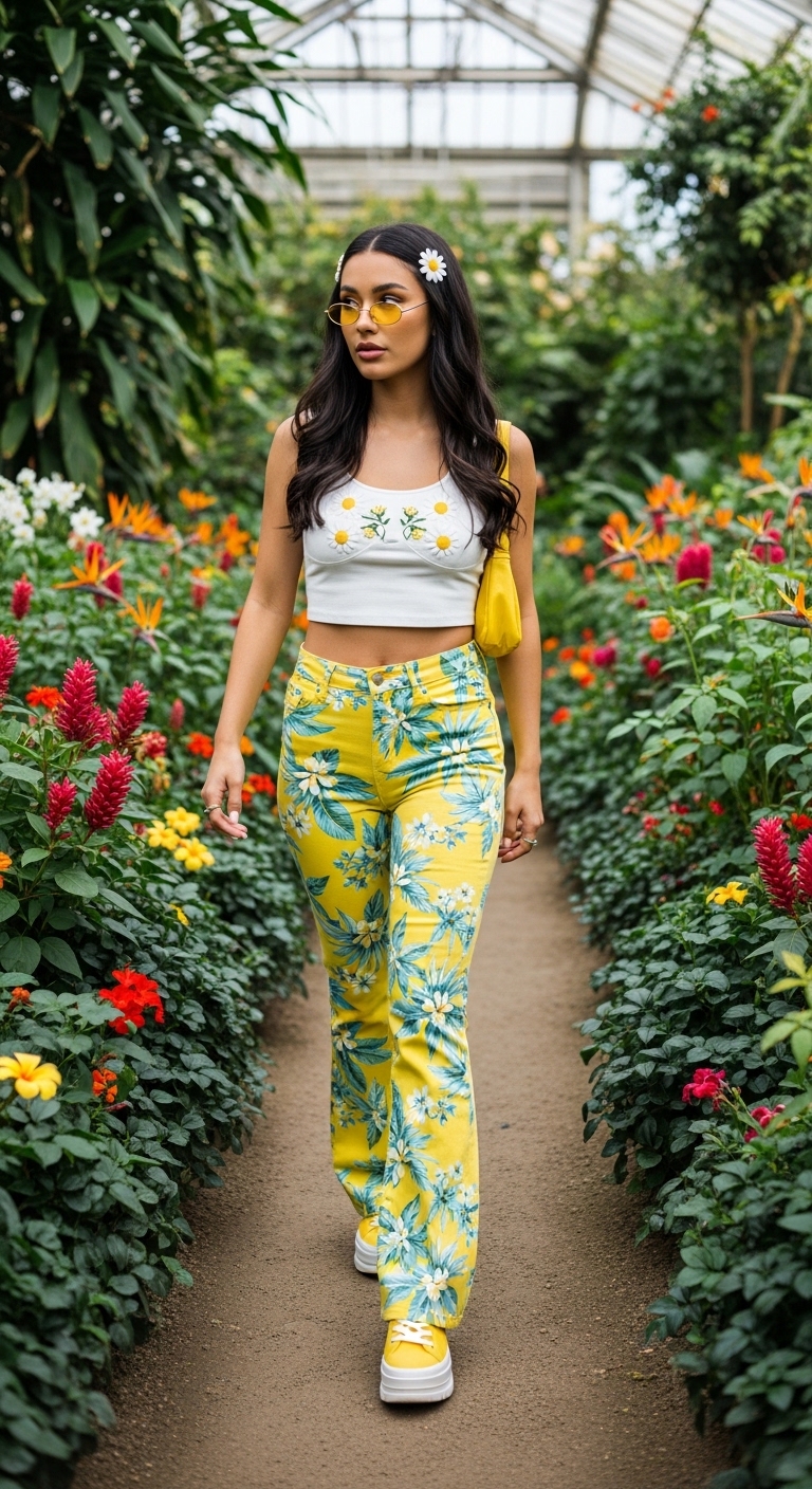 yellow tropical print flare jeans with daisy crop top